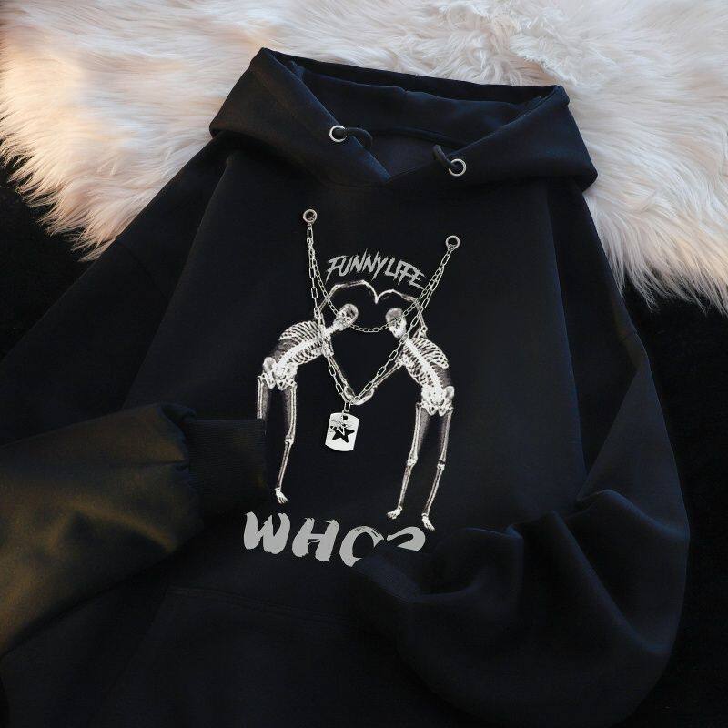 连帽卫衣男女秋冬季加绒加厚百搭潮牌搞怪印花美式学生上衣服外套