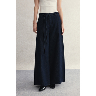 CAREMIND摩登水洗腰绳阔腿牛仔裤 遮胯直筒宽松长裤 裁缝牛仔裤