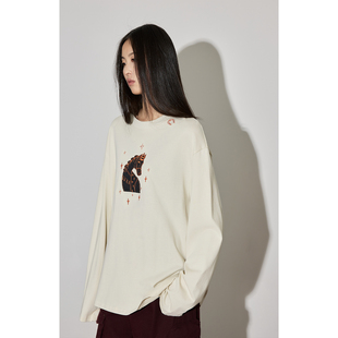 【害羞的黑马】CAREMIND杏色纯棉圆领刺绣提花T恤宽松慵懒上衣女