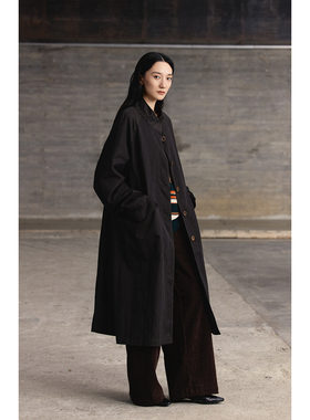 【都市牧游】CAREMIND别致牛仔绿小立领廓形风衣外套长款气质大衣