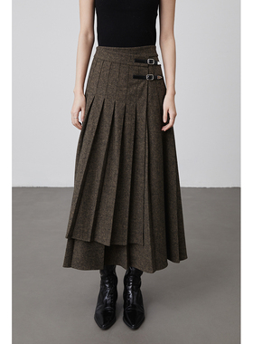 【交叠式皮扣百褶裙】CAREMIND复古耐看A字立体压褶裙皮扣半身裙