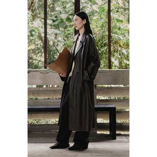 【马赛皮风衣】CAREMIND咖色廓形长款皮衣外套大翻领长款皮风衣