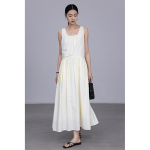 CAREMIND小众两色透气无袖背心裙温柔风褶皱显瘦连衣裙夏