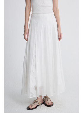 【水帘纱缎裙】CAREMIND白色纱缎灵动刺绣蕾丝半身裙A字百褶纱裙
