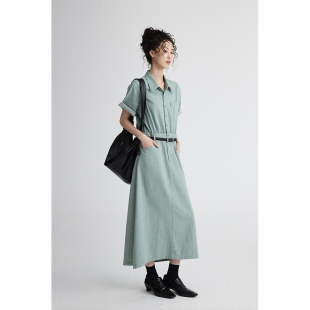 CAREMIND别致艾青色工装 裙 连衣裙正肩通勤A字长裙 女记者衬衫