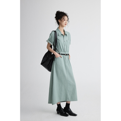 CAREMIND艾青色工装衬衫连衣裙