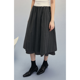 CAREMIND学院风刺绣条纹七分裙双层拼接半身裙 灰条纹双层半裙