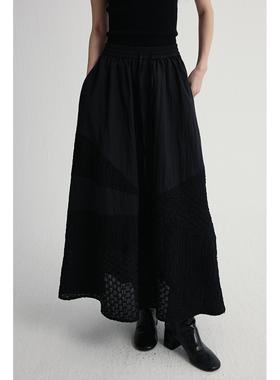 【黑玫瑰】CAREMIND肌理感面料黑色拼接半身裙早秋新款A字裙半裙