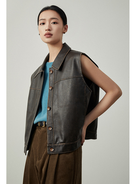 CAREMIND原创无袖设计感马甲女外搭翻领设计感坎肩皮衣外套春季新