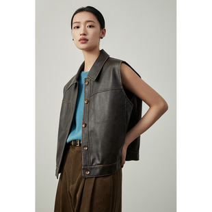 CAREMIND原创无袖设计感马甲女外搭翻领设计感坎肩皮衣外套春季新