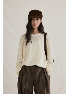 【声波曲线】CAREMIND杏色镂空蕾丝针织衫女圆领微透气质长袖上衣