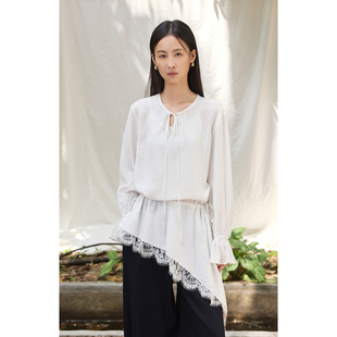 CAREMIND精致蕾丝拼接气质白色小衫 小众收腰设计薄款 上衣 星尘