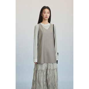 CAREMIND法式 浪漫拼接假两件无袖 连衣裙V领压褶背心裙 薄荷茶