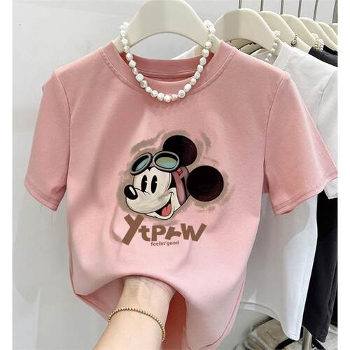 小众精梳棉宽松粉短袖T恤女