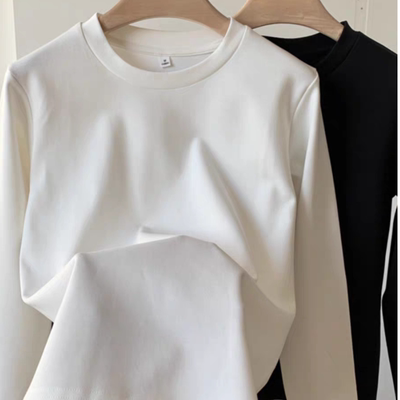 秋冬百搭韩版上衣 内搭白色长袖t恤宽松圆领磨毛纯棉开叉打底衫女