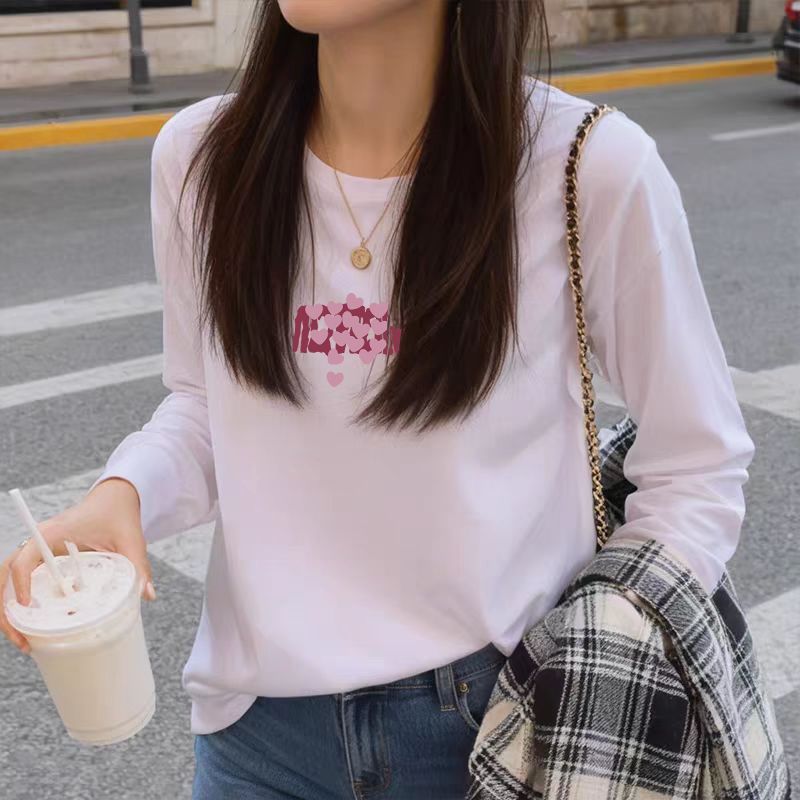 白色长袖t恤女ins潮2025新款春秋纯色长袖打底衫宽松纯棉初秋上衣