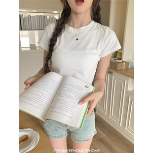 宽松打底衫 百搭夏季 内搭外穿纯棉上衣 T恤女2025新款 白色正肩短袖