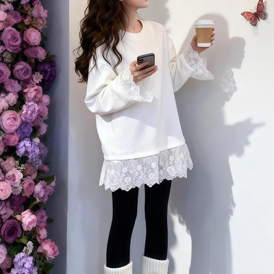 简约风白色蕾丝花边长袖T恤