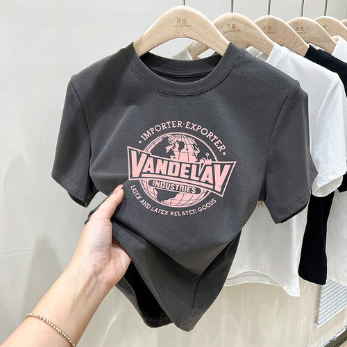 正肩印花修身美式t恤短袖女别致夏季2025新款甜辣短款上衣纯棉女