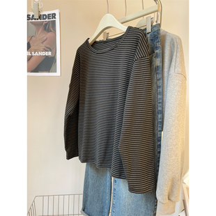 t恤上衣ins 长袖 德绒磨毛条纹打底衫 女秋冬内搭加绒加厚宽松中长款