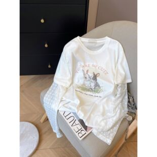 蕾丝拼接长袖 胖mm大码 T恤女假两件甜美休闲显瘦上衣 韩版 2025新款