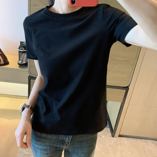 黑色正肩短袖 百搭打底衫 t恤女夏季 上衣半袖 2024欧货洋气修身 美式