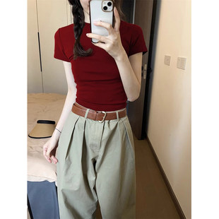 圆领短袖 2025年新款 女收腰ins辣妹 复古显白红色正肩T恤女夏季 美式