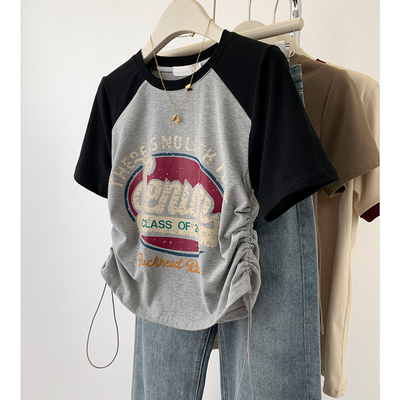 短款抽绳插肩袖正肩短袖t恤女夏季夏2024新款设计感美式体恤上衣