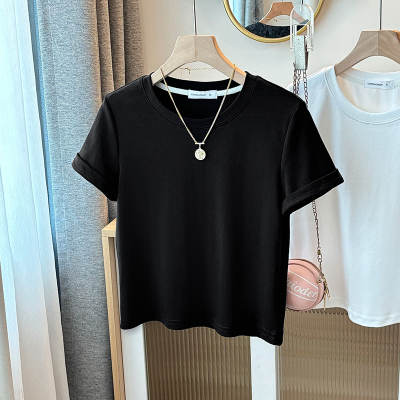 2025夏季短款T恤女短袖百搭黑色韩版正肩小个子圆领宽松显瘦上衣