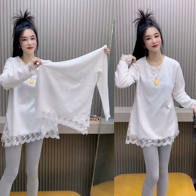 宽松白色打底衫女秋冬中长款遮屁股配鲨鱼裤的蕾丝边加绒内搭上衣,女装/女士精品,T恤,淘宝优惠券,粉丝福利购,淘宝优惠卷