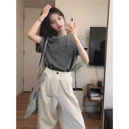 灰色圆领正肩短袖t恤女夏季高级感大码宽松显瘦短袖纯棉上衣体恤