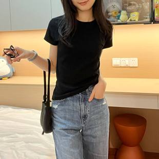 上衣棉质短袖 圆领正肩修身 半袖 内搭外穿2023夏季 t恤黑 显瘦打底衫
