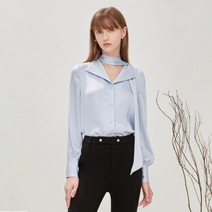 Caroline卡洛琳2023秋季新款气质缎面衬衫简约高级雪纺衫ECRDCG03