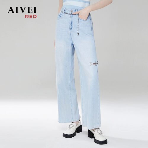 AIVEI欣贺艾薇夏季新品休闲街头浅色高腰直筒牛仔长裤Q036S006