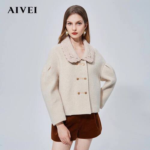 AIVEI/艾薇 21冬季新品绣花双层领宫廷风毛呢大衣外套N0660089