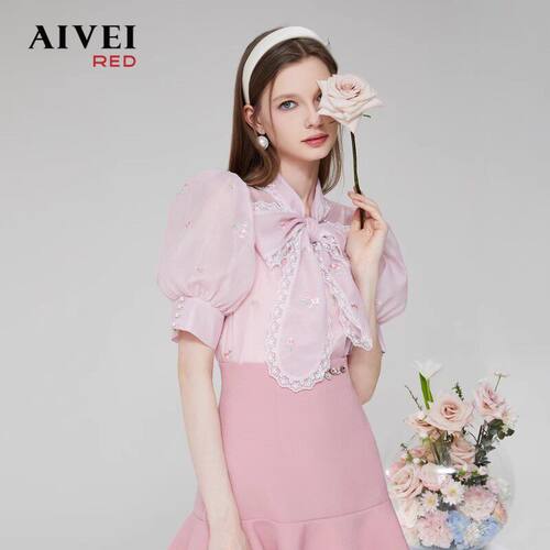 AIVEI欣贺艾薇夏季新品温柔甜美风绣花蝴蝶结雪纺衬衫Q0360005