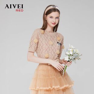 AIVEI欣贺艾薇夏季新品减龄立体花朵圆领短袖针织衫上衣Q0360090