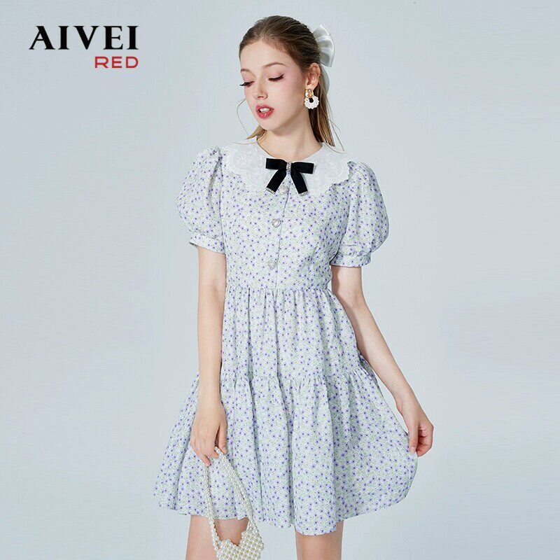 AIVEI欣贺艾薇夏季新款初恋少女风花瓣领高腰碎花洋装P036S079