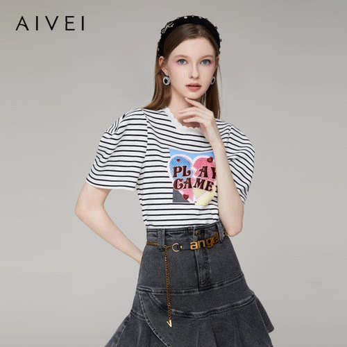 AIVEI/艾薇2023夏季条纹短袖T恤针织上衣专柜正品Q0360159-1380