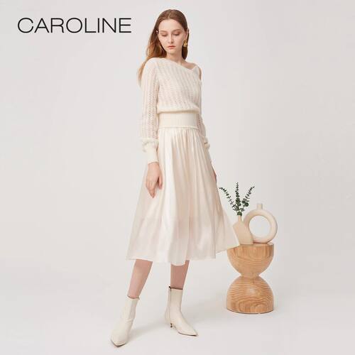 CAROLINE卡洛琳 春季新款光泽感蝴蝶结高腰A字半身裙子ECRCAA36