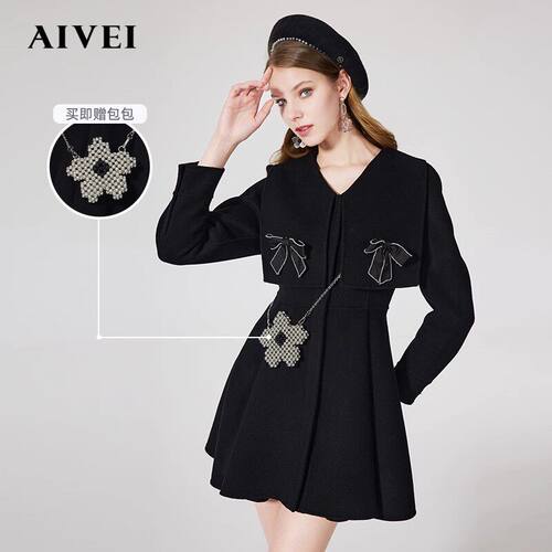 【赠同款花朵包】AIVEI/艾薇21冬季新品洋装式毛呢外套N0660160