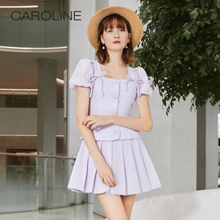 CAROLINE卡洛琳夏季新款方领蝴蝶结泡泡袖修身短外套上衣ECRDBB58