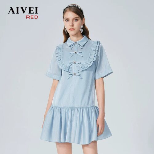 AIVEI欣贺艾薇春夏木耳边减龄衬衫领雪纺连衣裙P0160033-1780元