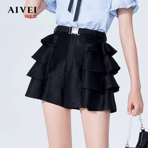 AIVEI欣贺艾薇春夏高腰显瘦黑色多层蛋糕阔腿短裤子P016S033-1280