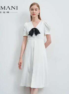 ANMANI恩曼琳春夏新品优雅V领收腰白色短袖连衣裙EANCAA93-1780