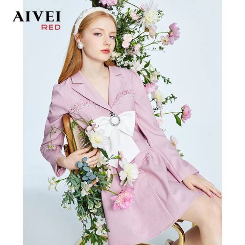 AIVEI欣贺艾薇秋季新款蝴蝶结收腰西装洋装P0560137-1980