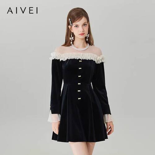 AIVEI/艾薇2023秋季丝绒洋装专柜正品Q0560018-1980