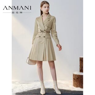 ANMANI恩曼琳 22秋季新款暗纹百褶裙摆双排扣西装连衣裙EANCCH47