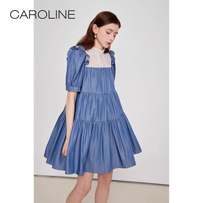 CAROLINE卡洛琳春夏新镂空蕾丝A字牛仔蓝娃娃款洋装ECRCAC81-1780