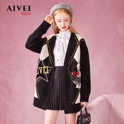 AIVEI/艾薇2022冬季针织衫宽松甜美V领开衫专柜正品P0660081-1980